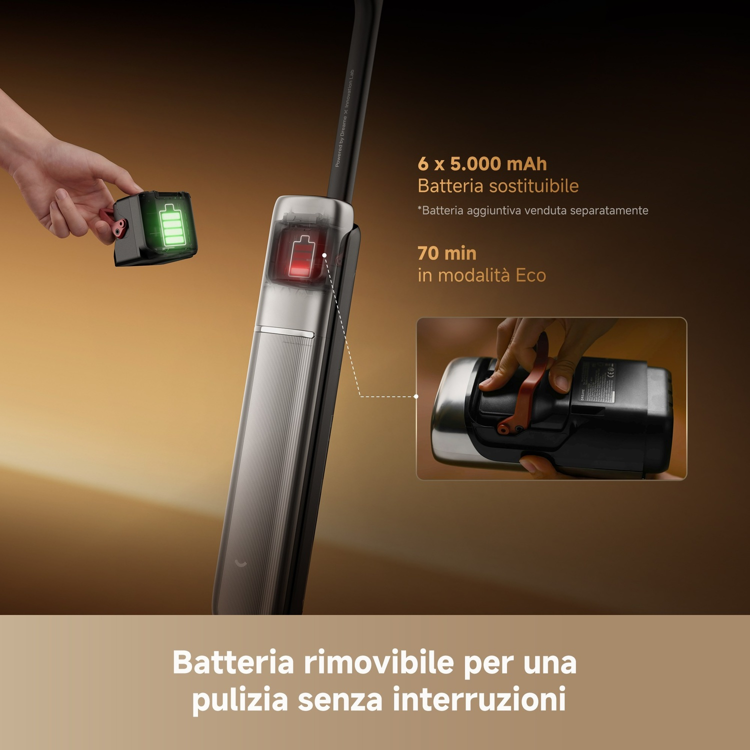 Una batteria viene rimossa da un aspirapolvere. La batteria mostra verde, quella nel dispositivo mostra rosso.