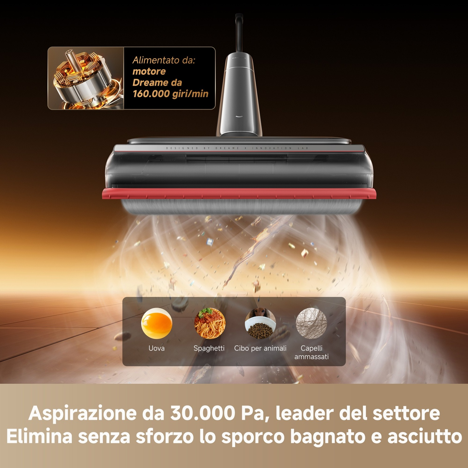 Un aspirapolvere aspira uova, spaghetti, cibo per animali e capelli.