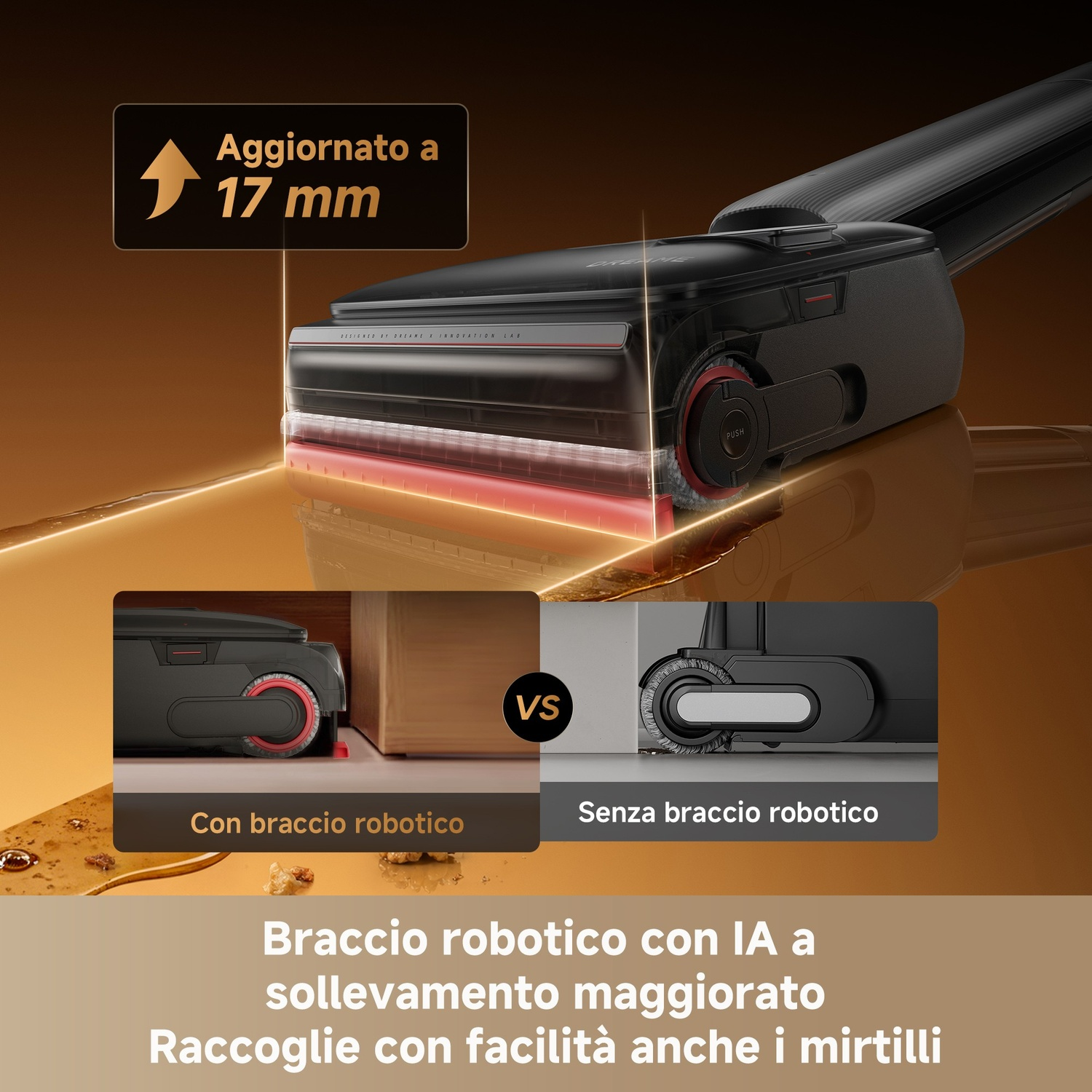 Viene mostrato un aspirapolvere robot con sollevamento da 17 mm e braccio robotico.