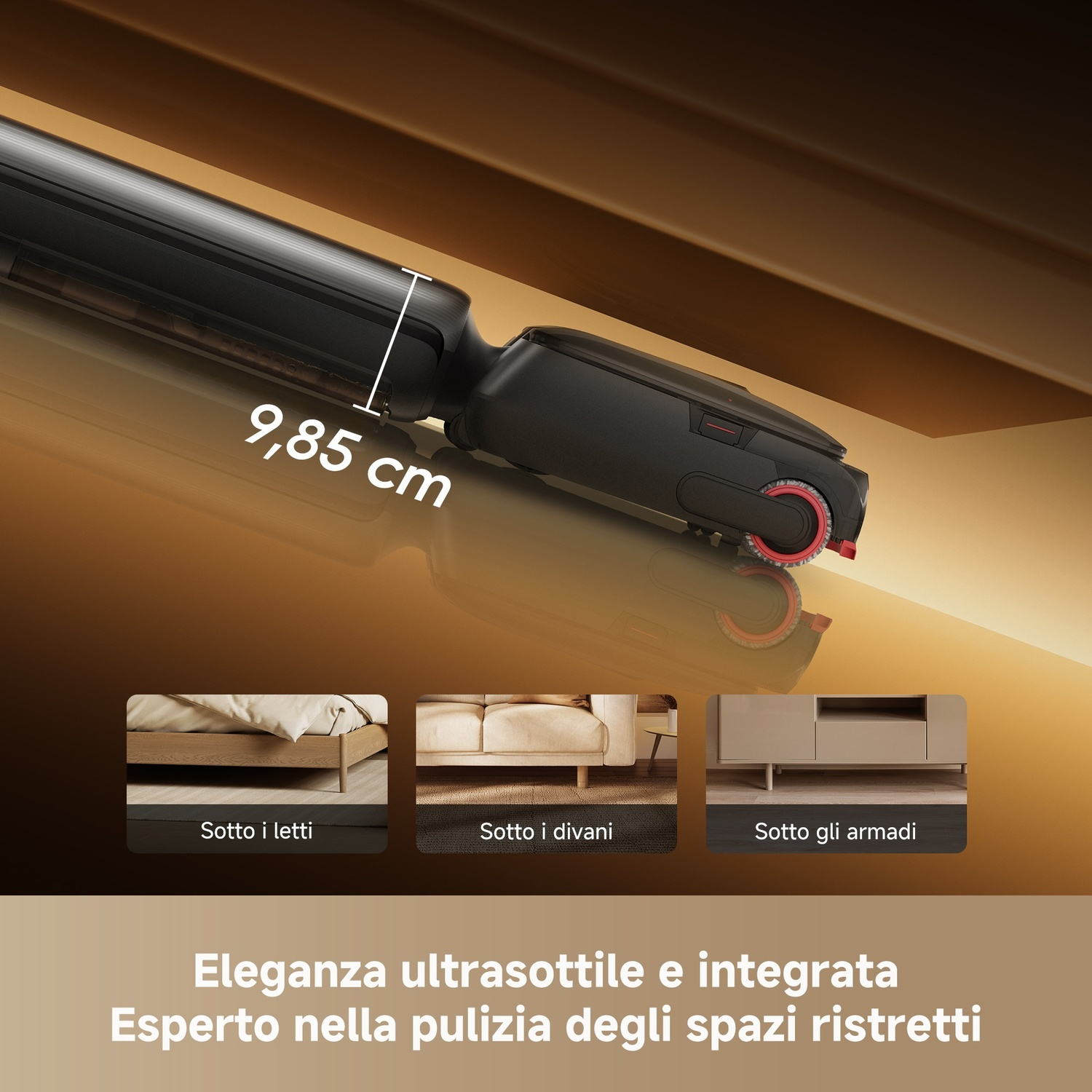 Aspirapolvere nero, alto 9,85 cm, pulisce sotto i mobili.