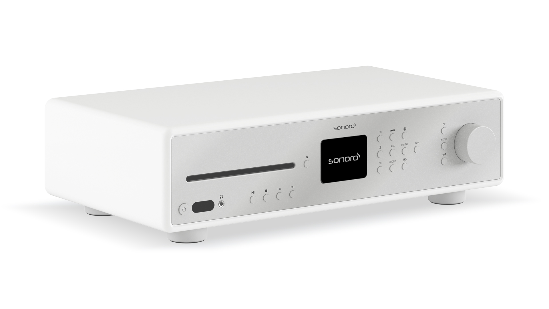 Ein weißes Stereo-Audiosystem mit CD-Player, Display und Drehknopf.