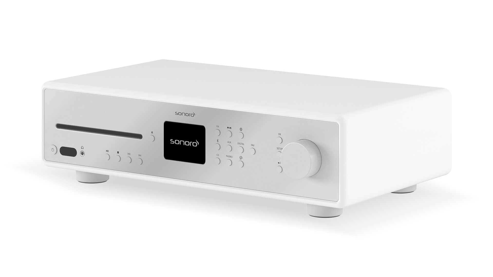Ein weißes Audiosystem mit CD-Schlitz, Display und Drehregler.
