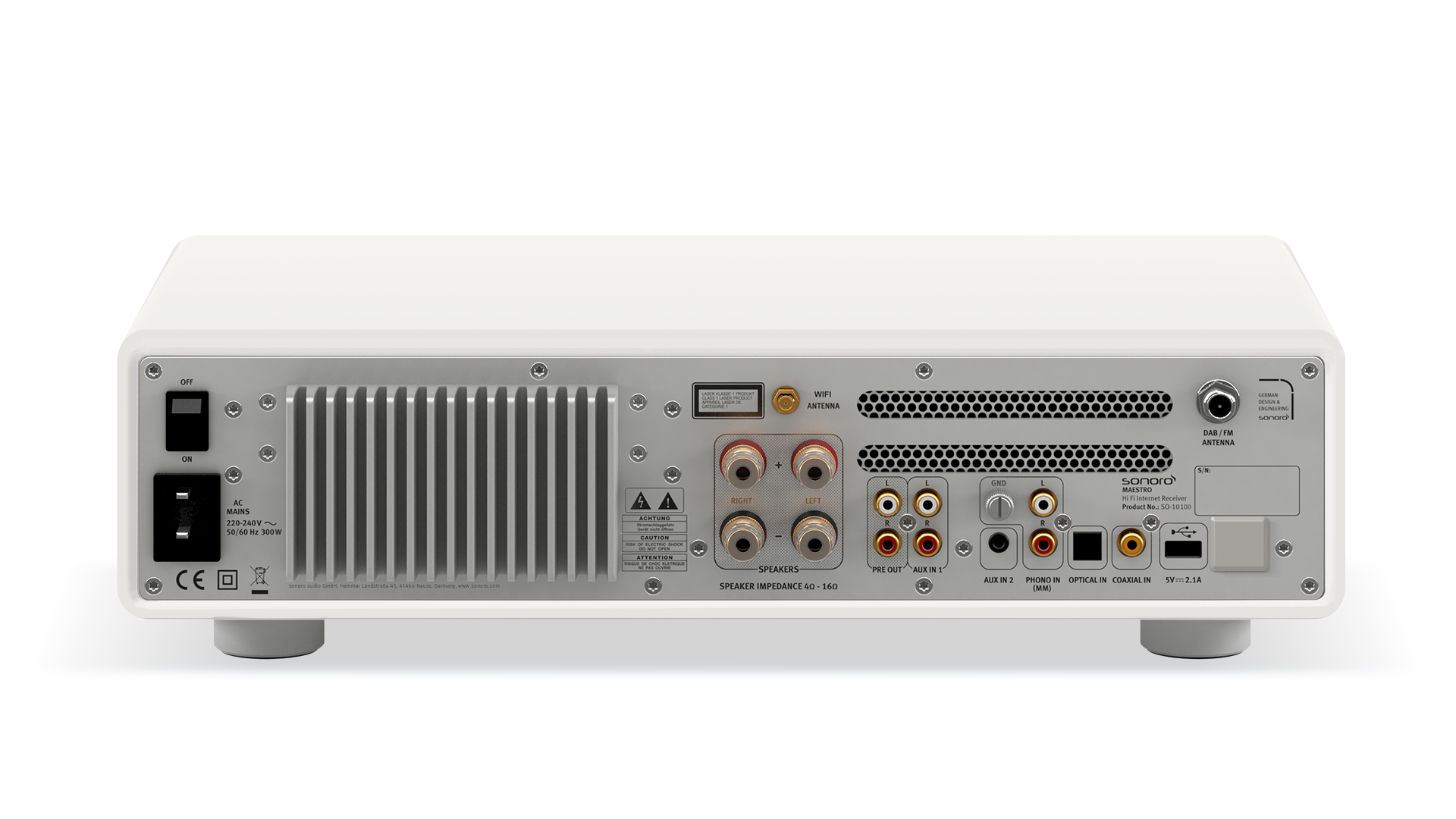 Rückseite eines weißen Sonoro Maestro Hi-Fi-Receivers mit Anschlüssen.