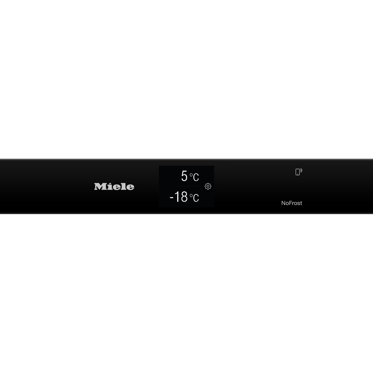 Logo Miele, 5°C, -18°C e NoFrost su display nero.
