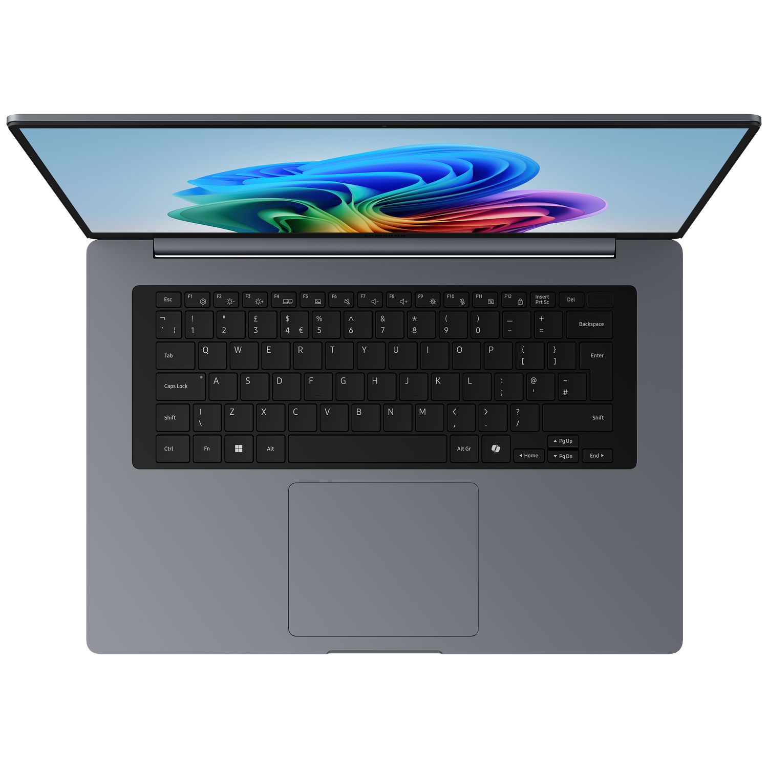 Een grijze laptop is open, met een kleurrijke achtergrondafbeelding op het scherm en een volledig toetsenbord.