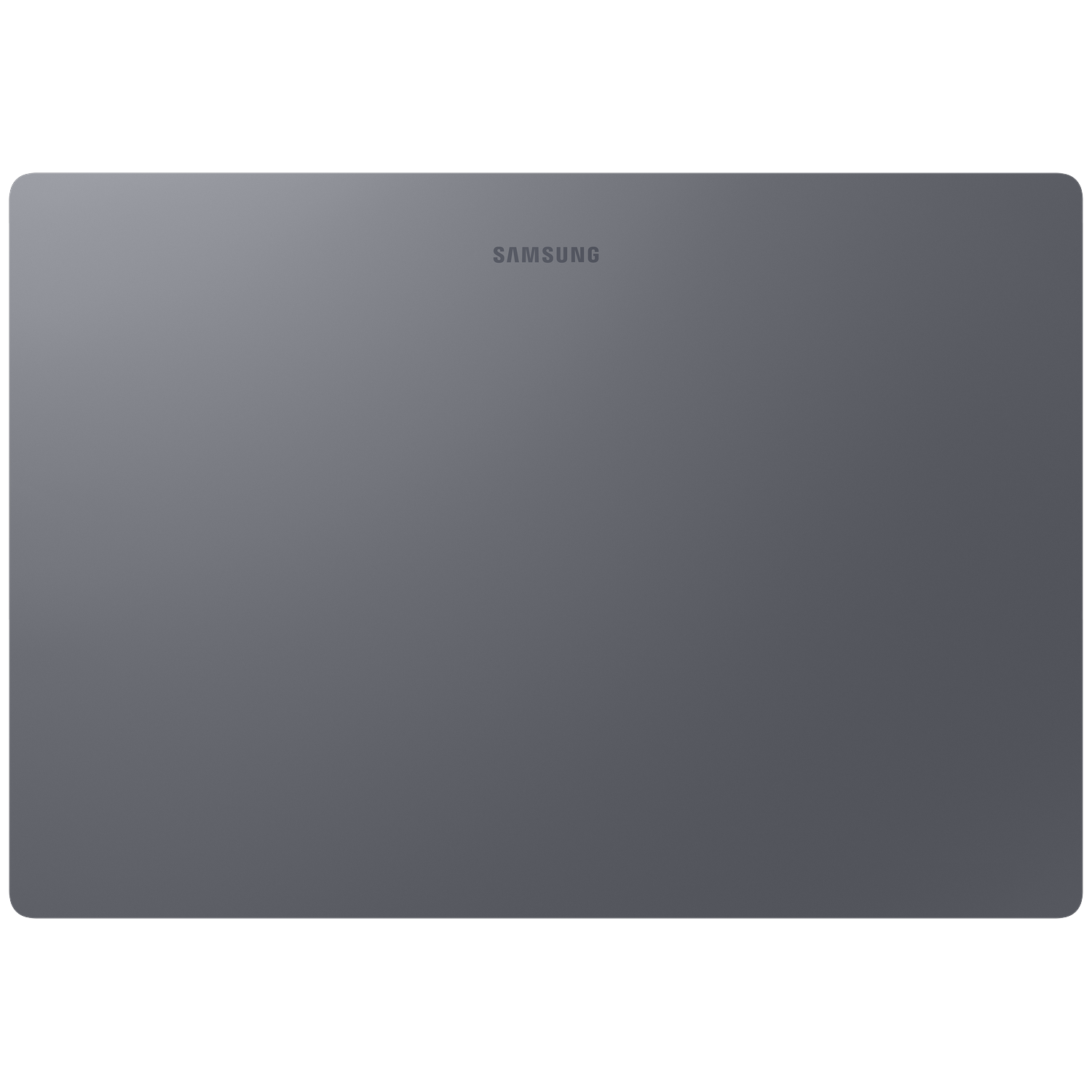 Een grijze Samsung tablet rust op een zwarte achtergrond.