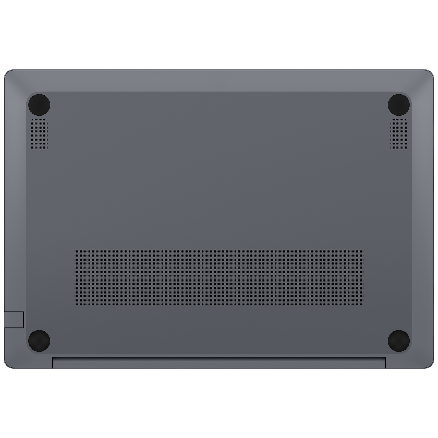 Onderkant van een grijze laptop met ventilatiesleuven en rubberen voetjes.
