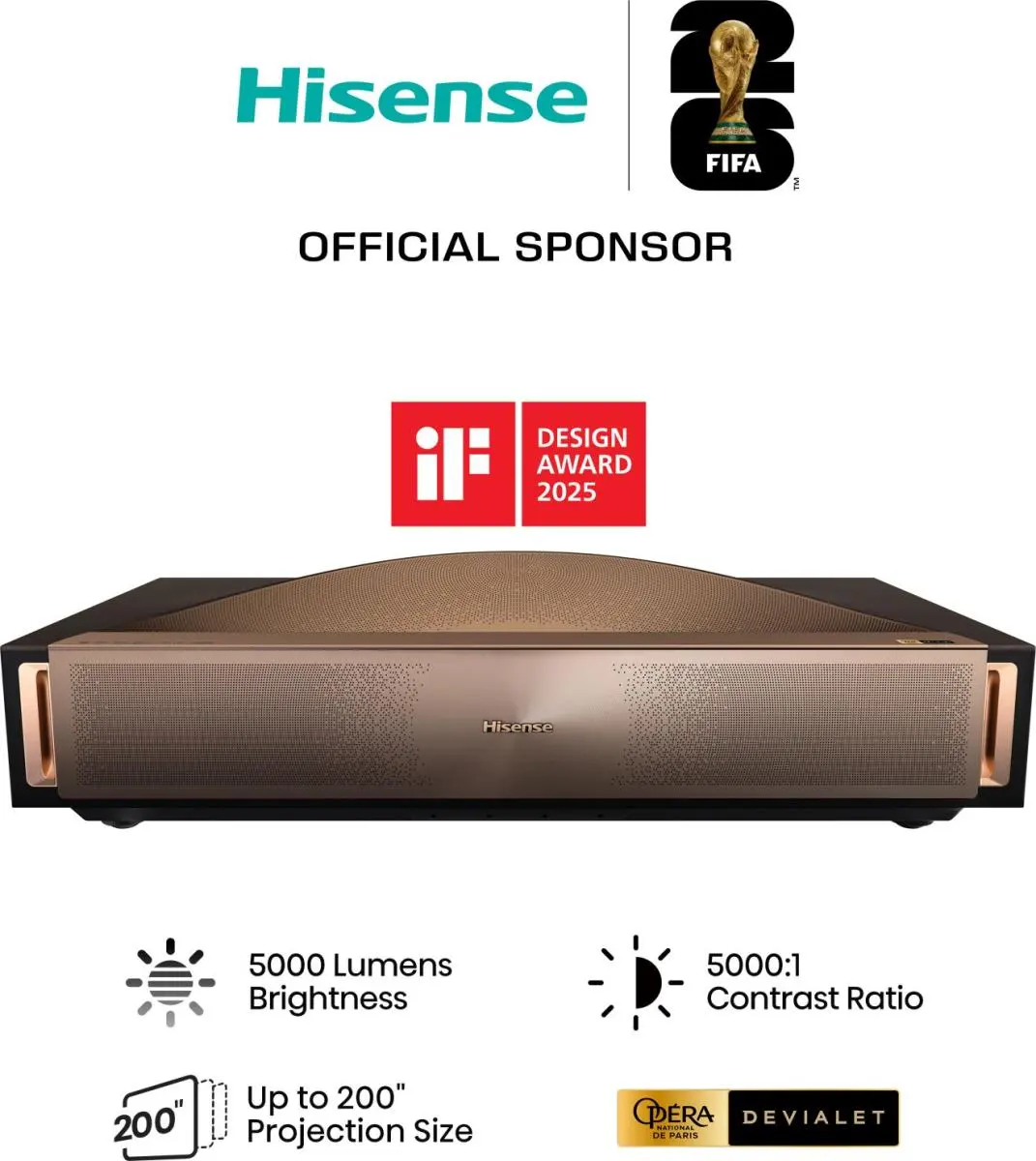 Hisense Lézer Projektor: 5000 Lumen, 200" Kivetítés, 5000:1 Kontraszt. IF Design Award.