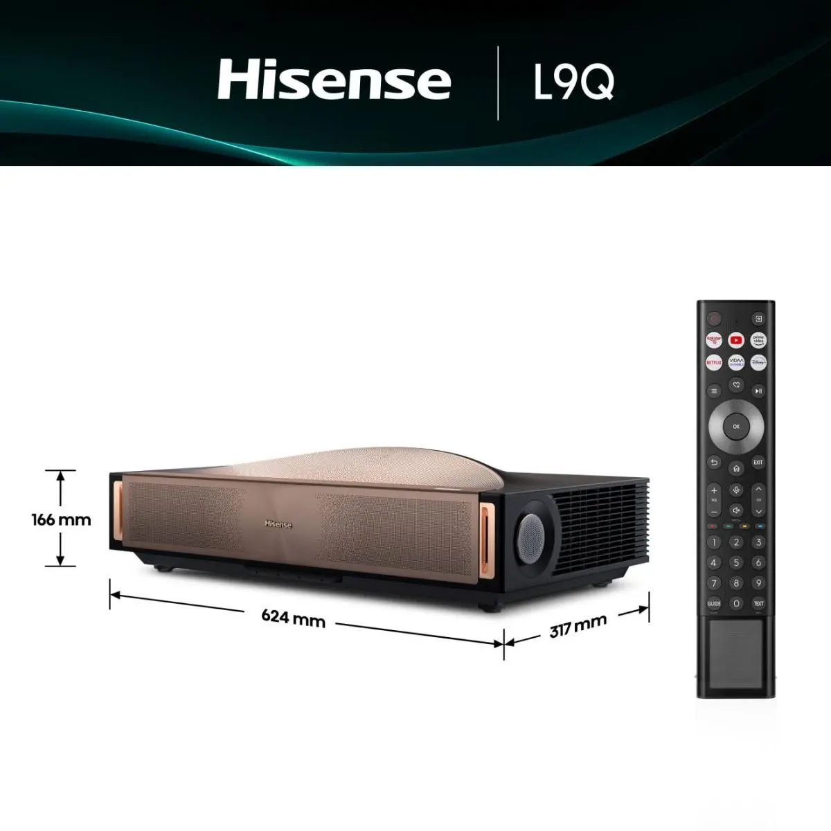 Egy Hisense L9Q projektor távirányítóval, méretei 624x317x166 mm.