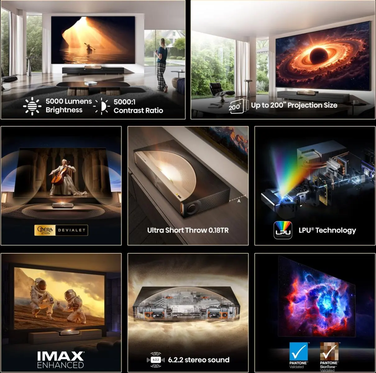 Projektor 5000 lumen, 5000:1 kontraszt, 0.18TR, IMAX Enhanced, 6.2.2 hang.