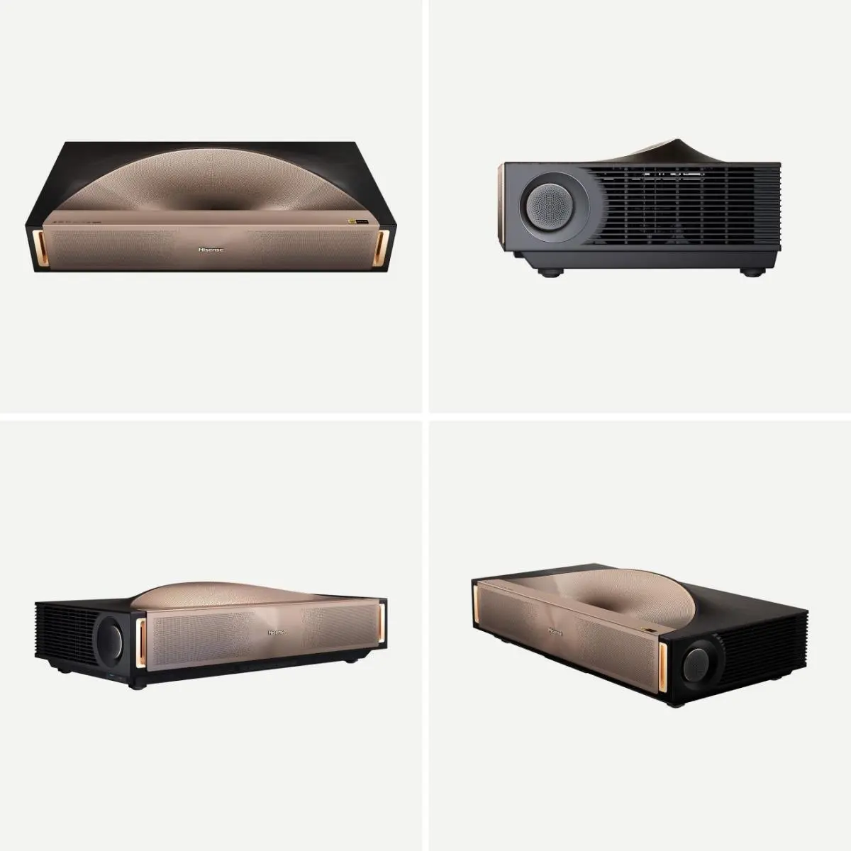 Elegáns, fekete projektor bronz előlappal és ívelt felső résszel.