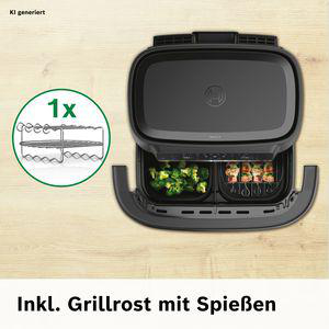 Ein schwarzer Grill mit zwei Fächern, gefüllt mit Brokkoli und Spießen.