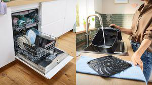 Offene Spülmaschine mit Geschirr und ein Waschbecken mit einem Airfryer-Korb.