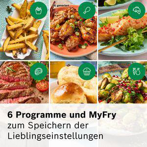 Collage von Speisen: Pommes, Hähnchenflügel, Lachs, Steak, Brötchen, Rosenkohl.