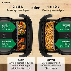 Zwei Airfryer-Körbe: links Gemüse und Hähnchen, rechts Pommes.