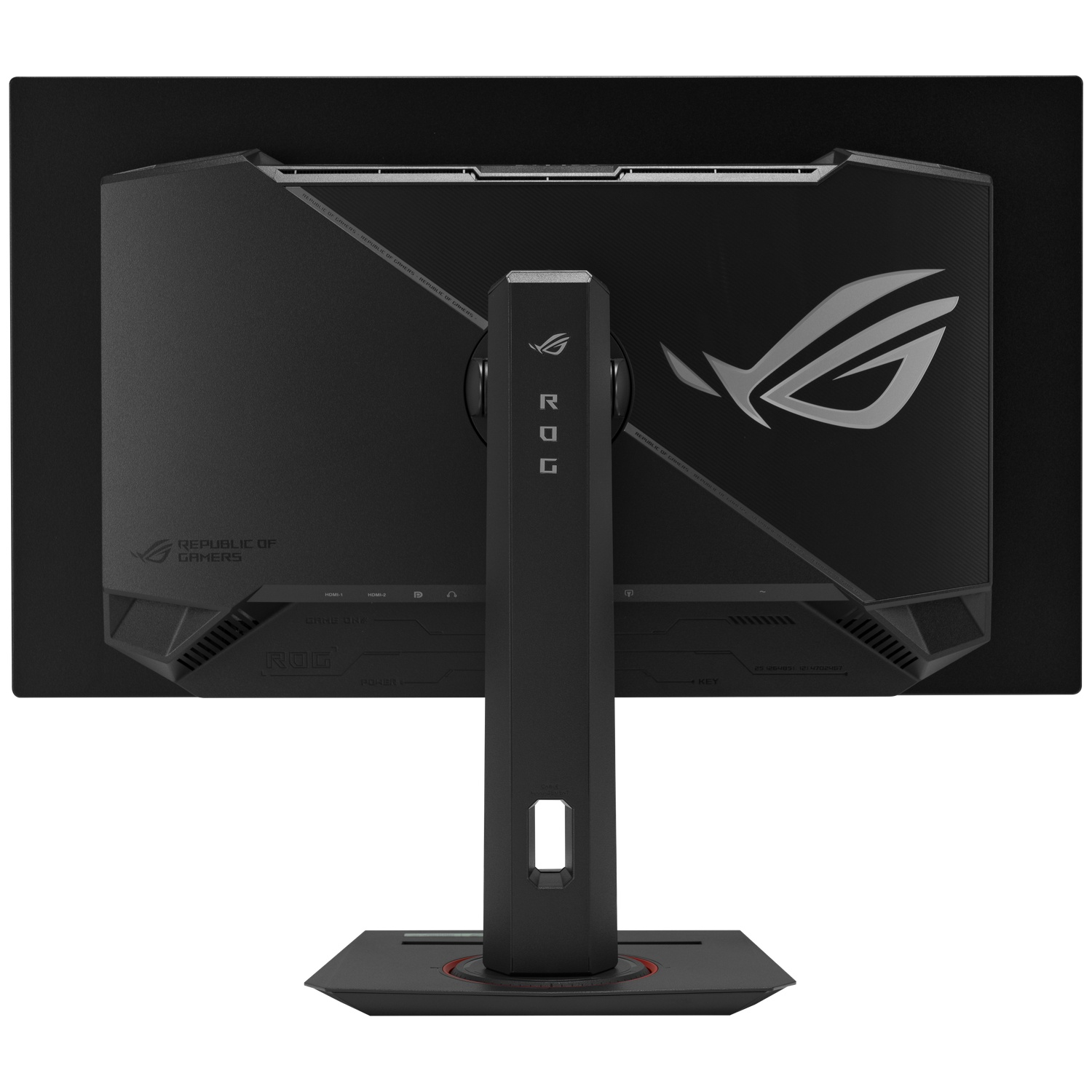 De achterkant van een zwarte ASUS ROG gaming monitor met zichtbaar ROG-logo en poorten.