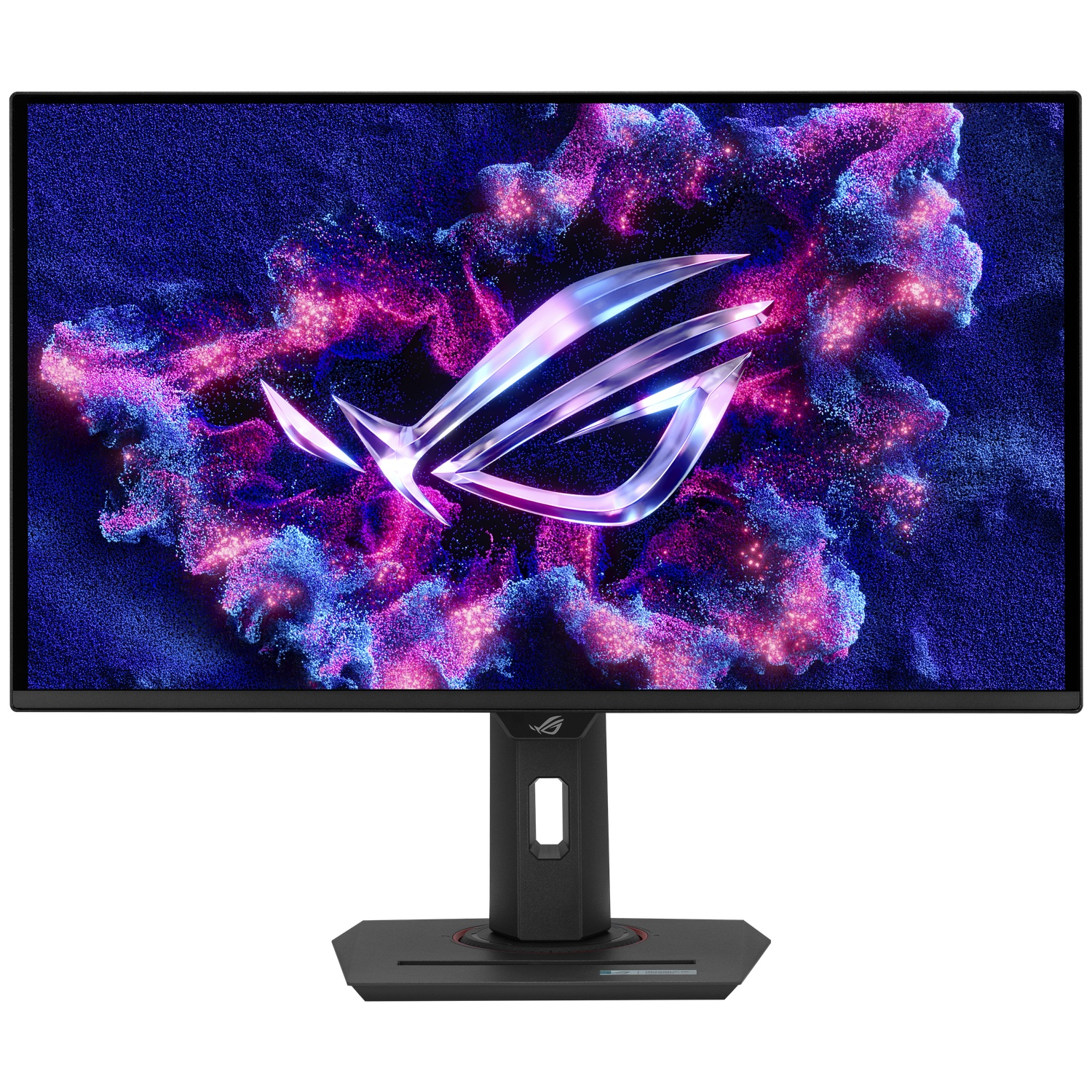 Een monitor met ROG-logo tegen kosmische, wazige achtergrond.