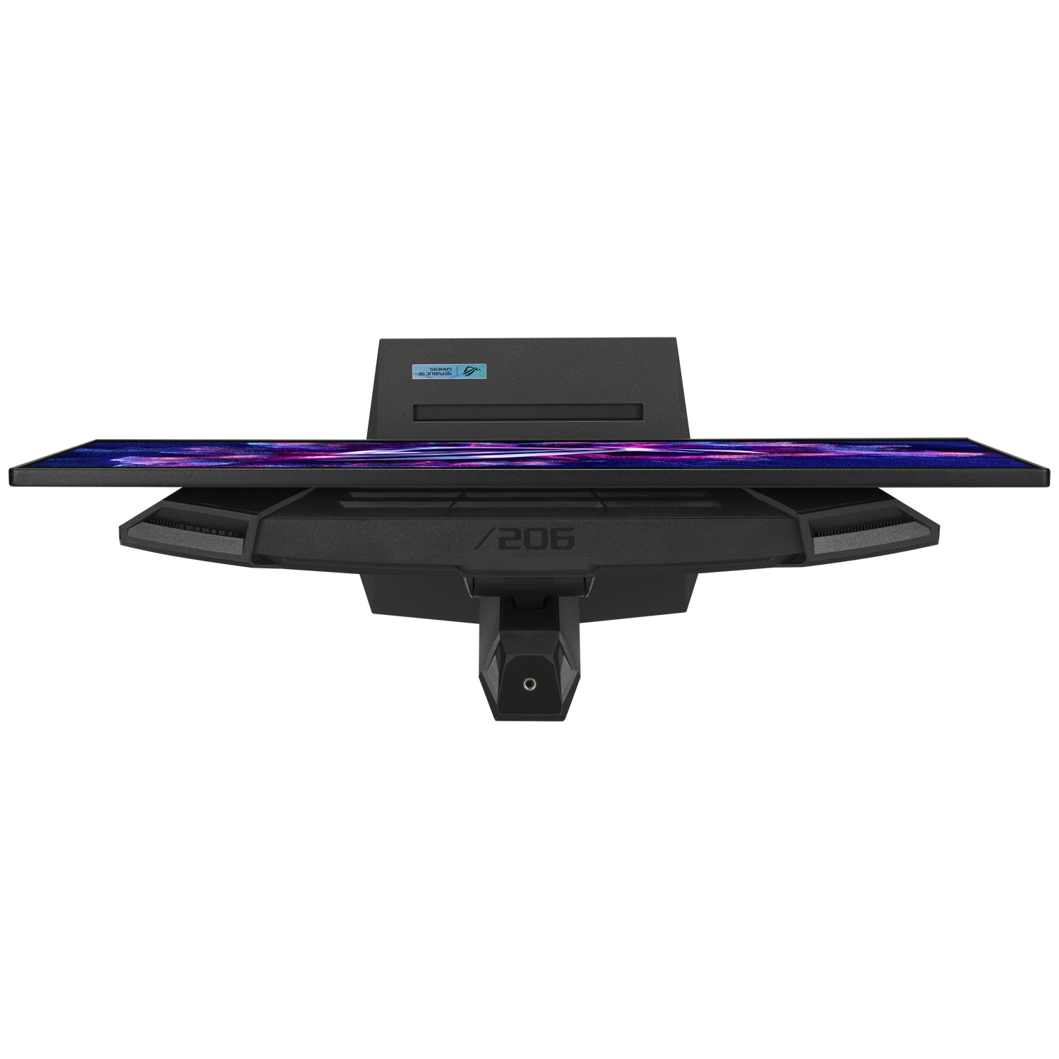 Zwarte monitor met RGB-verlichting en "/206"-logo. Toont een paars-blauw patroon.