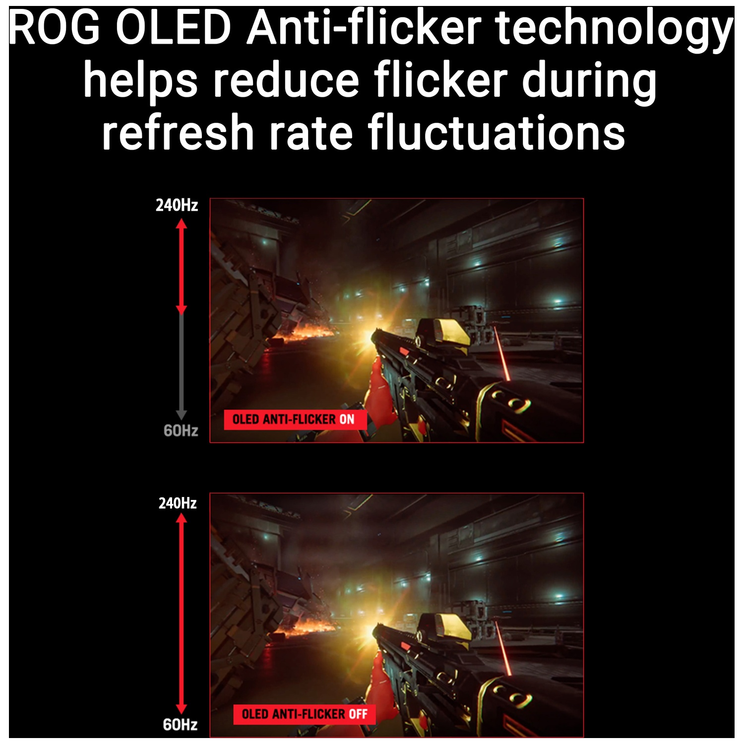 Twee scènes tonen een wapen met OLED Anti-Flicker AAN en UIT.