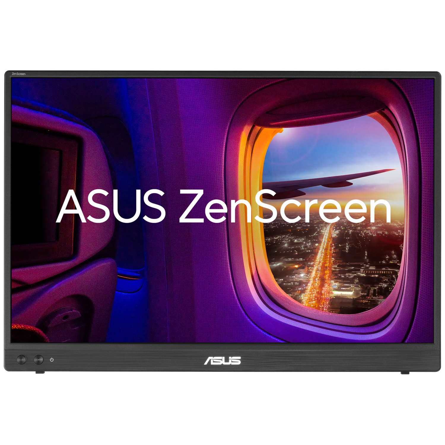 ASUS ZenScreen monitor toont vliegtuigraam met stadslichten in de nacht.