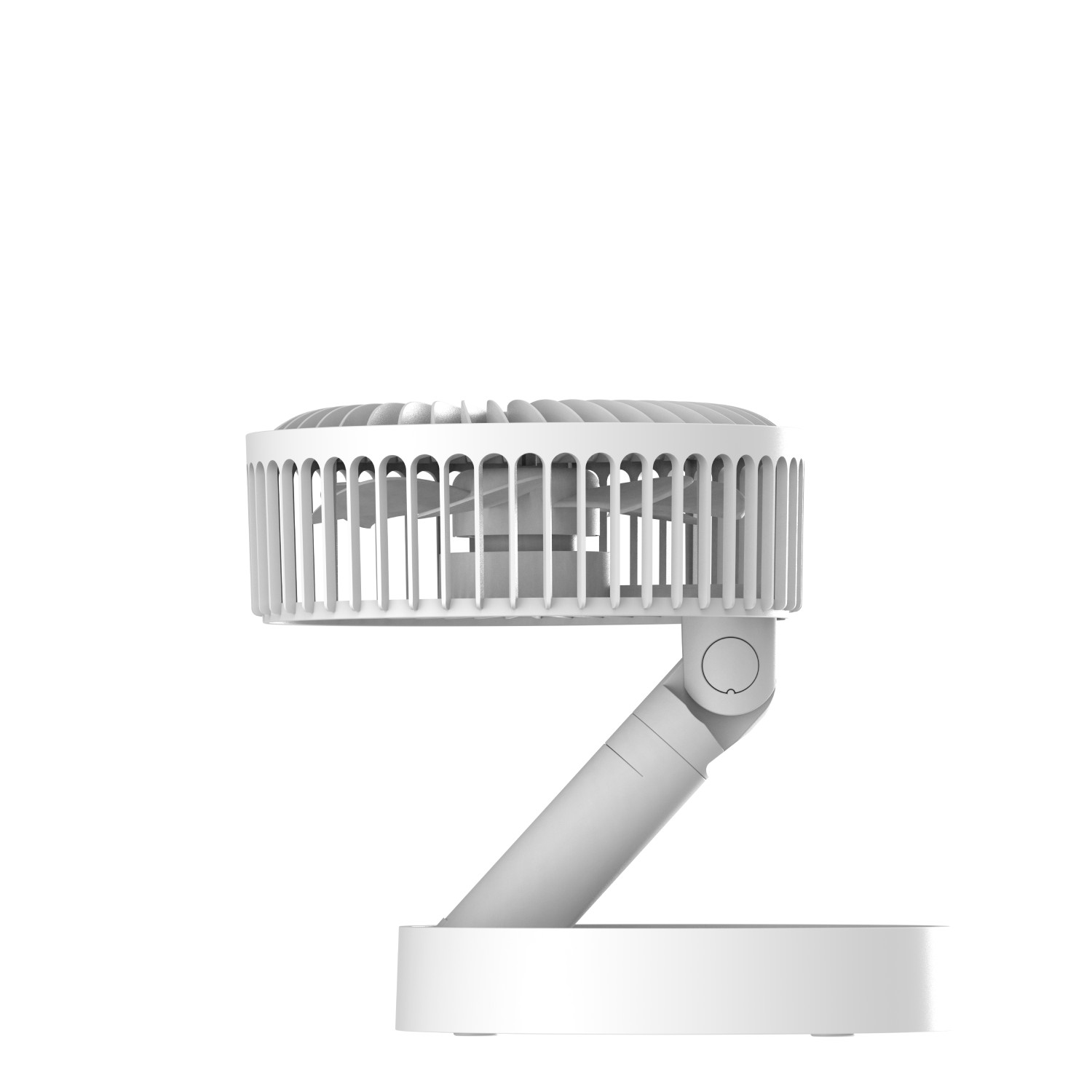 Un ventilador blanco con brazo ajustable y base redonda sobre fondo blanco.