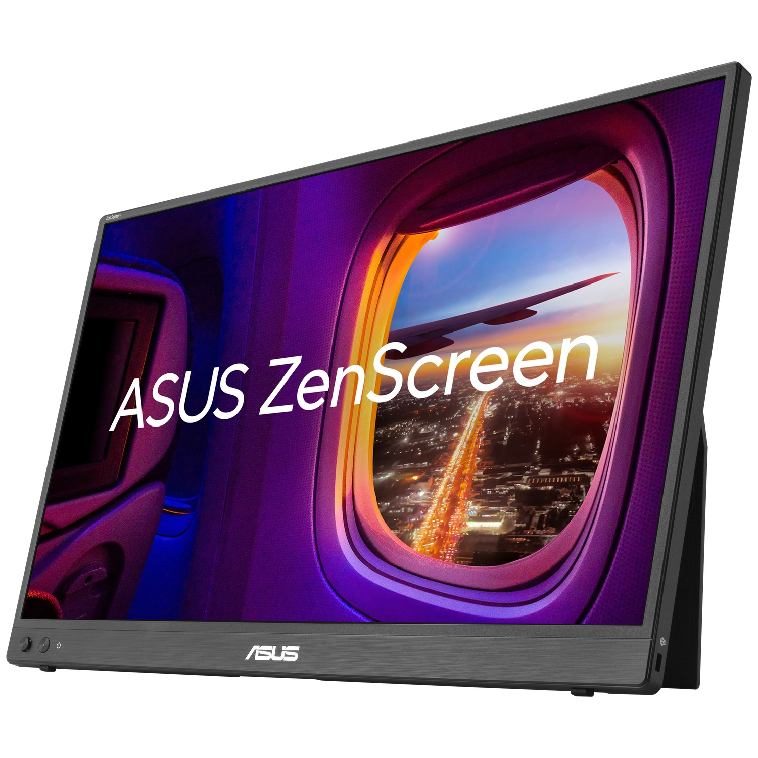 Grijze ASUS ZenScreen monitor met achtergrond van vliegtuigraam.