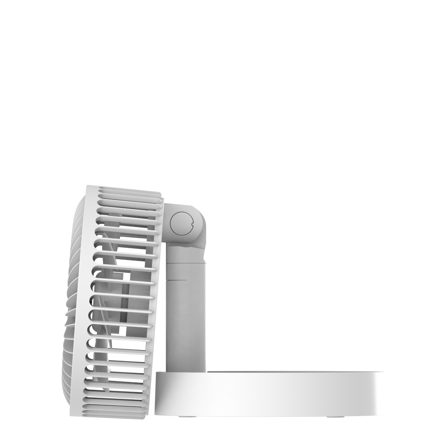 Un ventilador blanco y rectangular con rejilla y soporte ajustable.