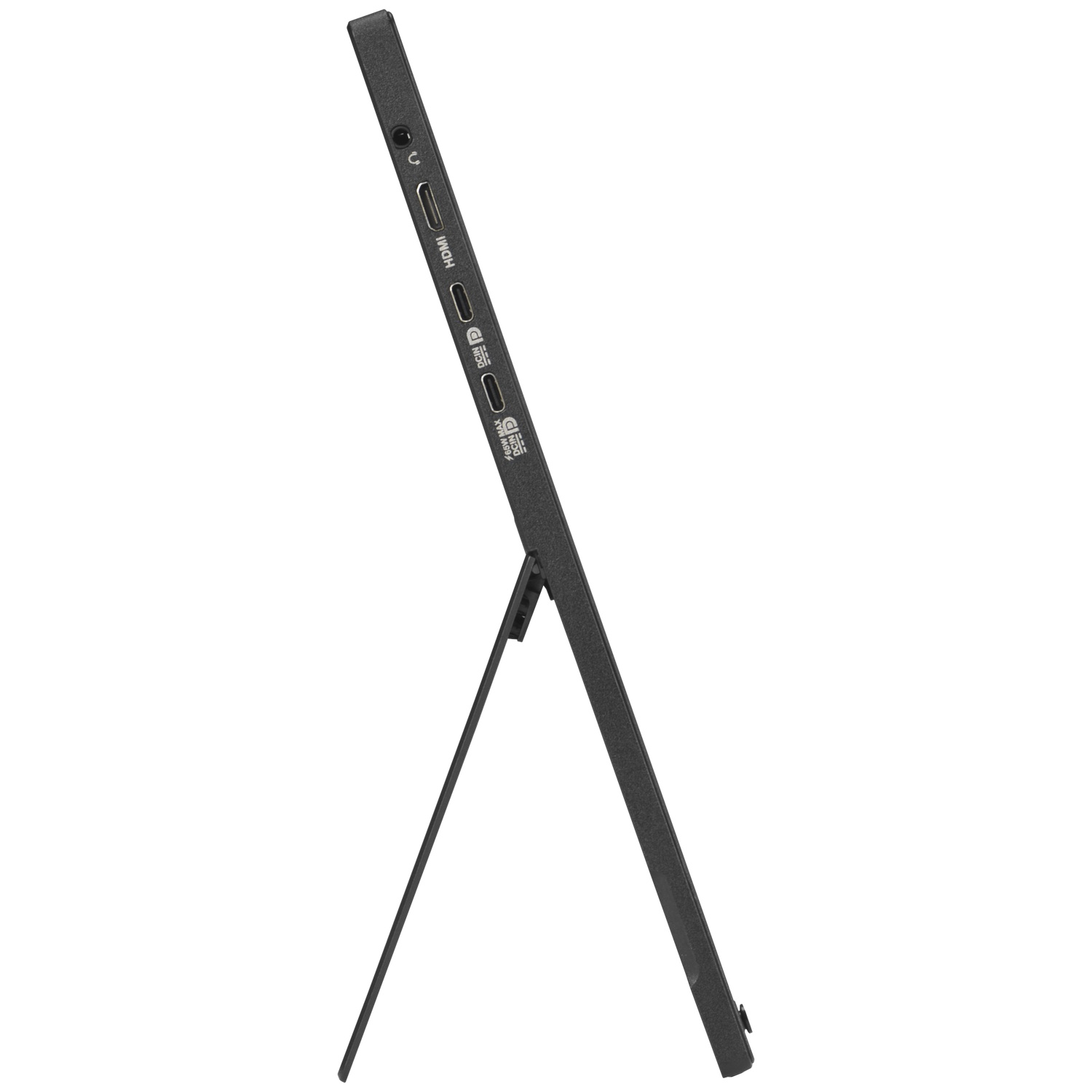 Zijaanzicht van een zwarte draagbare monitor met standaard. Poorten zichtbaar aan de zijkant.