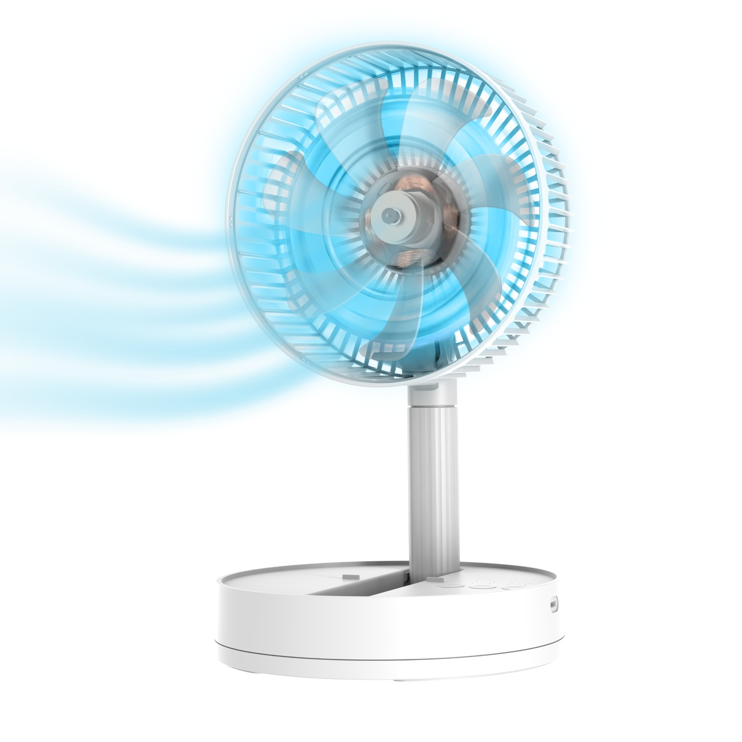 Un ventilador blanco con aspas azules y flujo de aire, sobre fondo blanco.