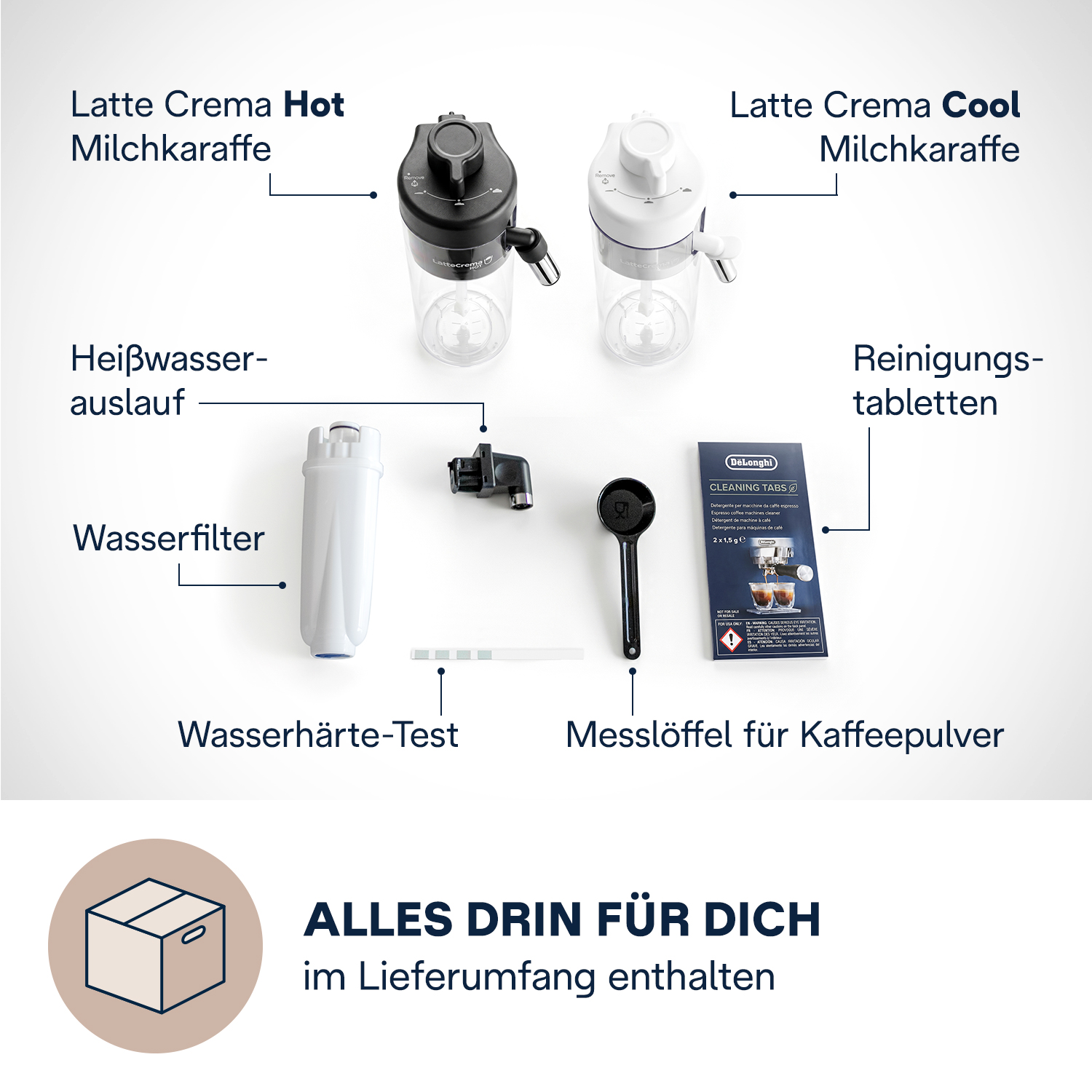 Kaffeemaschinenzubehör: Milchkaraffen, Wasserfilter, Reinigungstabletten, Messlöffel, Wasserhärte-Test.