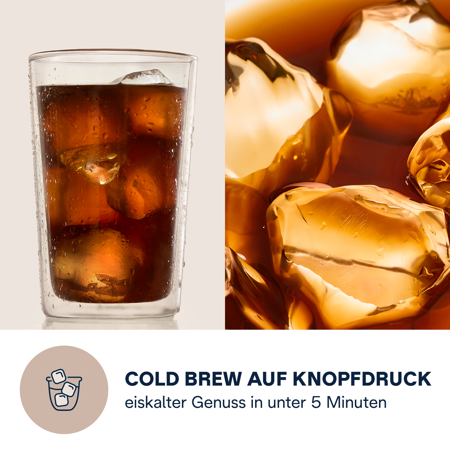 Ein Glas Eiswasser und ein Nahaufnahme von Eiswürfeln in brauner Flüssigkeit.