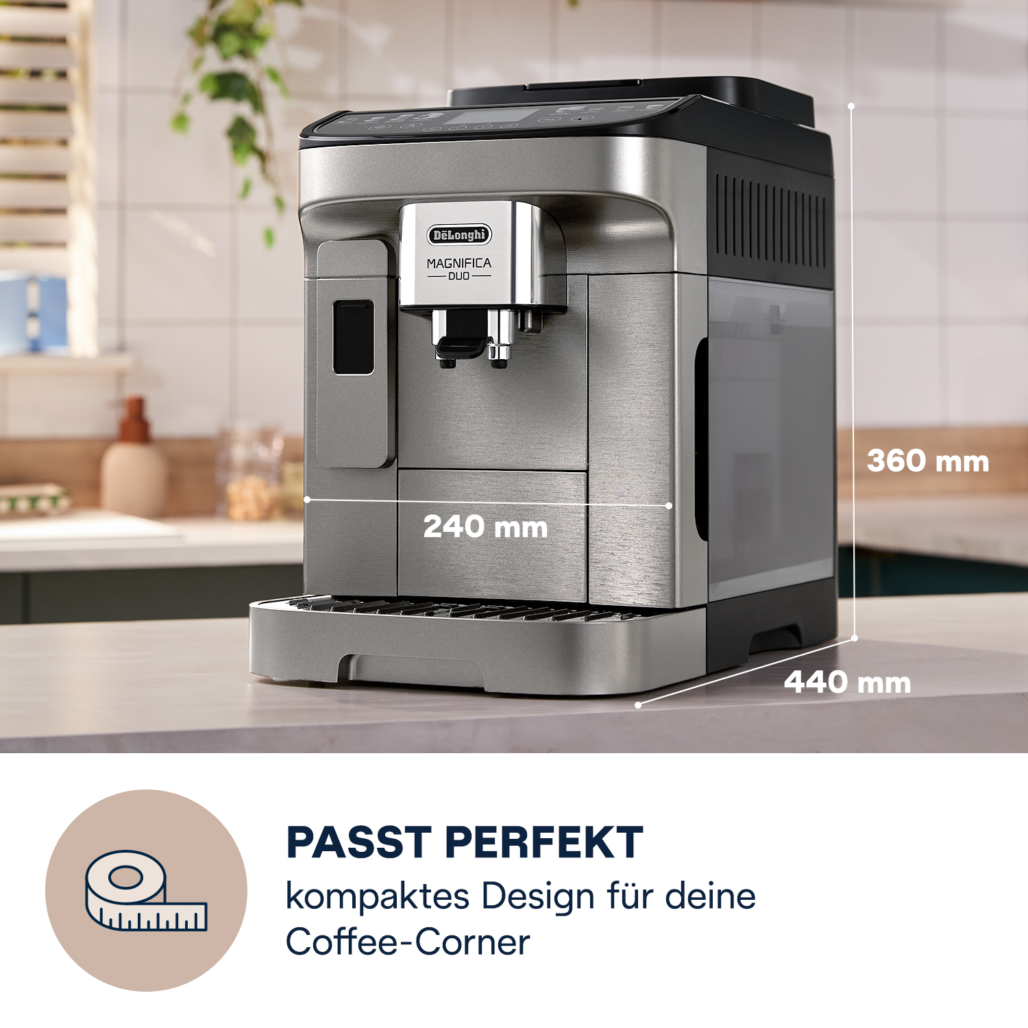 Graue DeLonghi Magnifica Duo Kaffeemaschine, 240x360x440mm, mit Text.