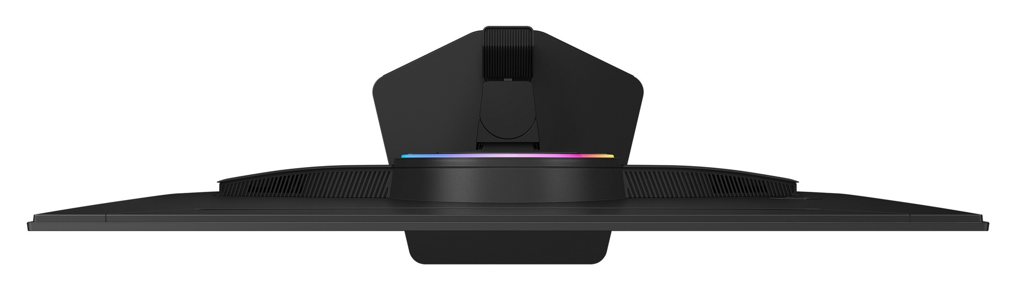 Widok z góry czarnego monitora z podświetleniem RGB na stojaku.