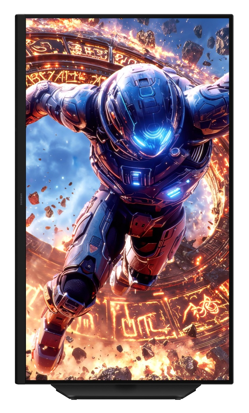 Niebieski cyborg unosi się przed kołem ze świecącymi symbolami i szczątkami.
