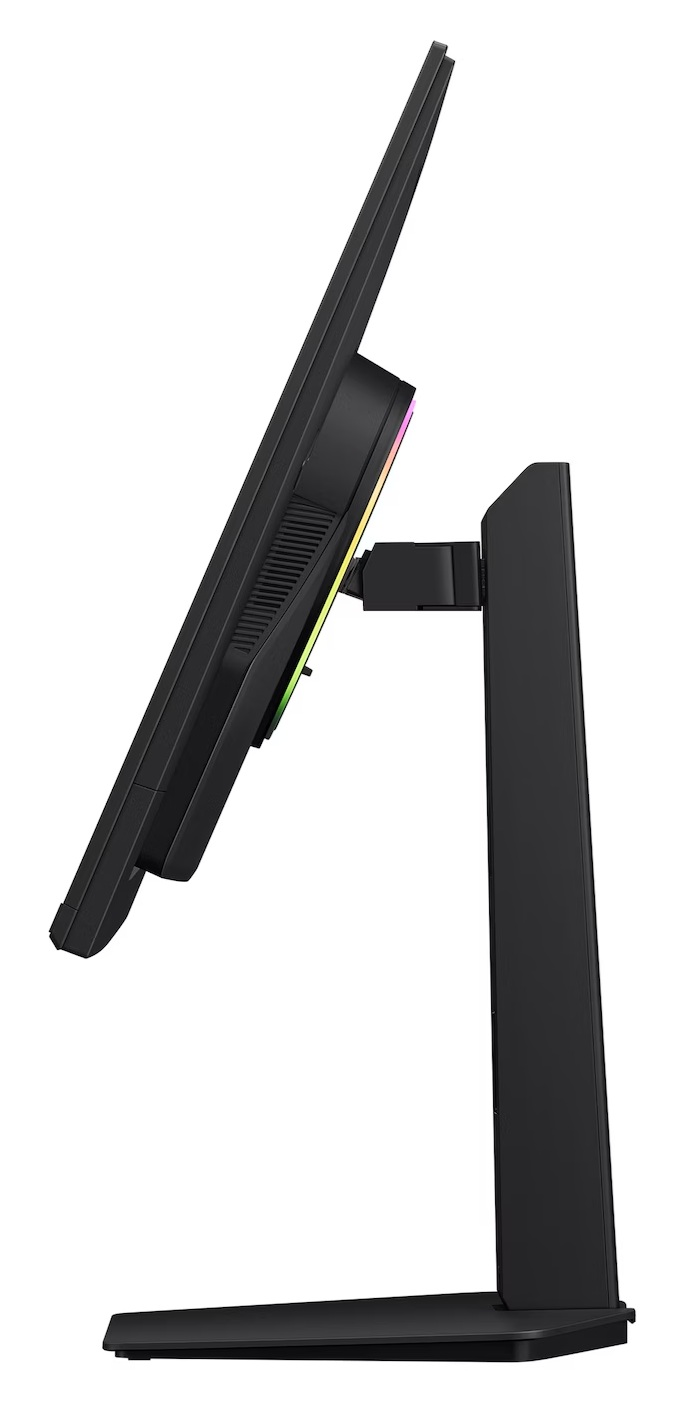 Czarny monitor komputerowy z wąską ramką i oświetleniem RGB.