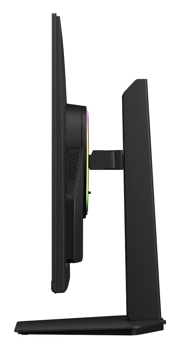 Widok z boku czarnego monitora komputerowego z oświetleniem RGB na stojaku.