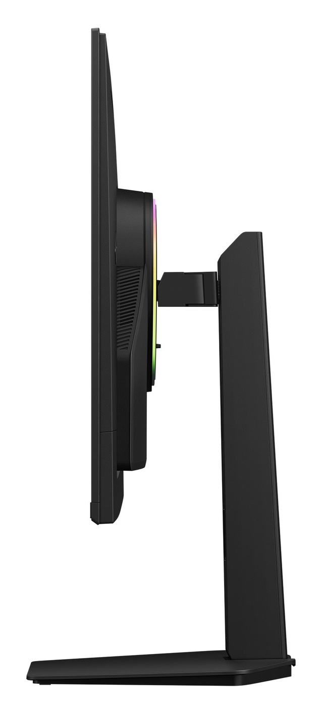 Czarny monitor z podświetleniem RGB, widoczny z profilu na stojaku.