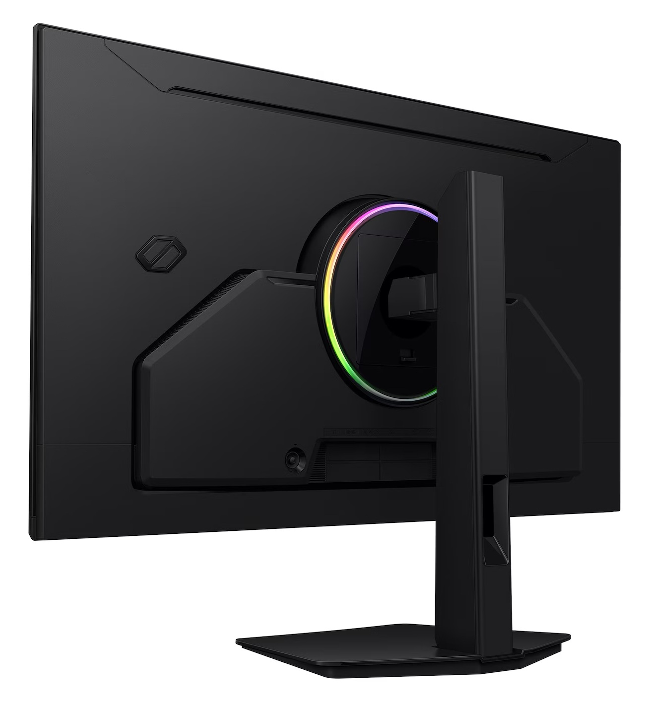 Tył czarnego monitora z podświetleniem RGB i podstawką.