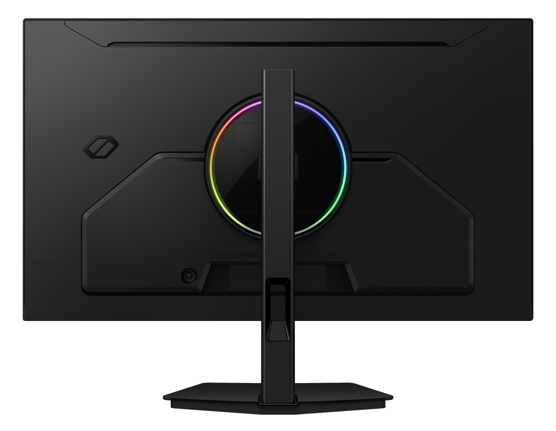 Tył czarnego monitora z podświetleniem pierścieniowym RGB i podstawą.