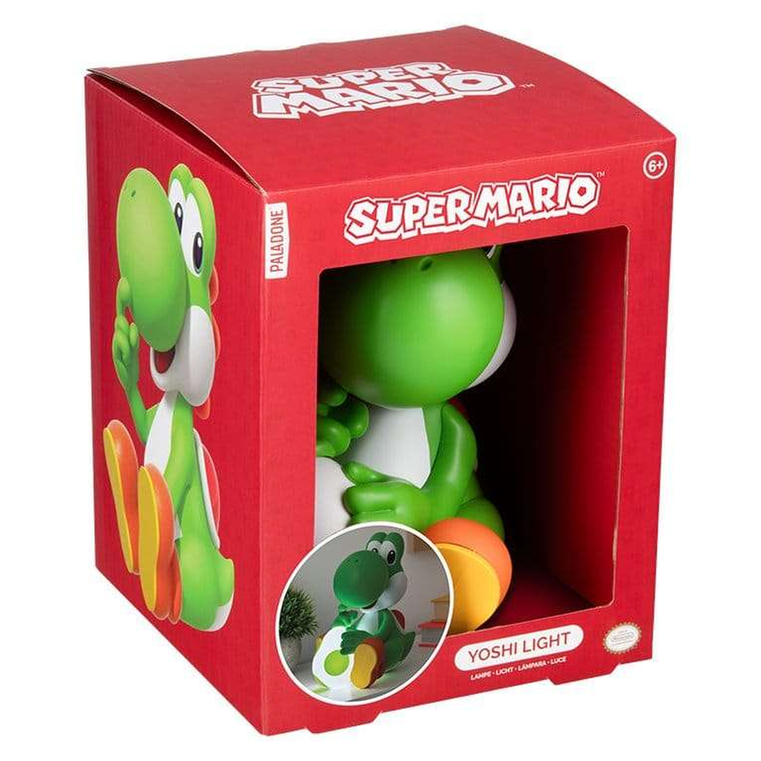Green Yoshi figure inside Super Mario packaging, labeled "Yoshi Light".