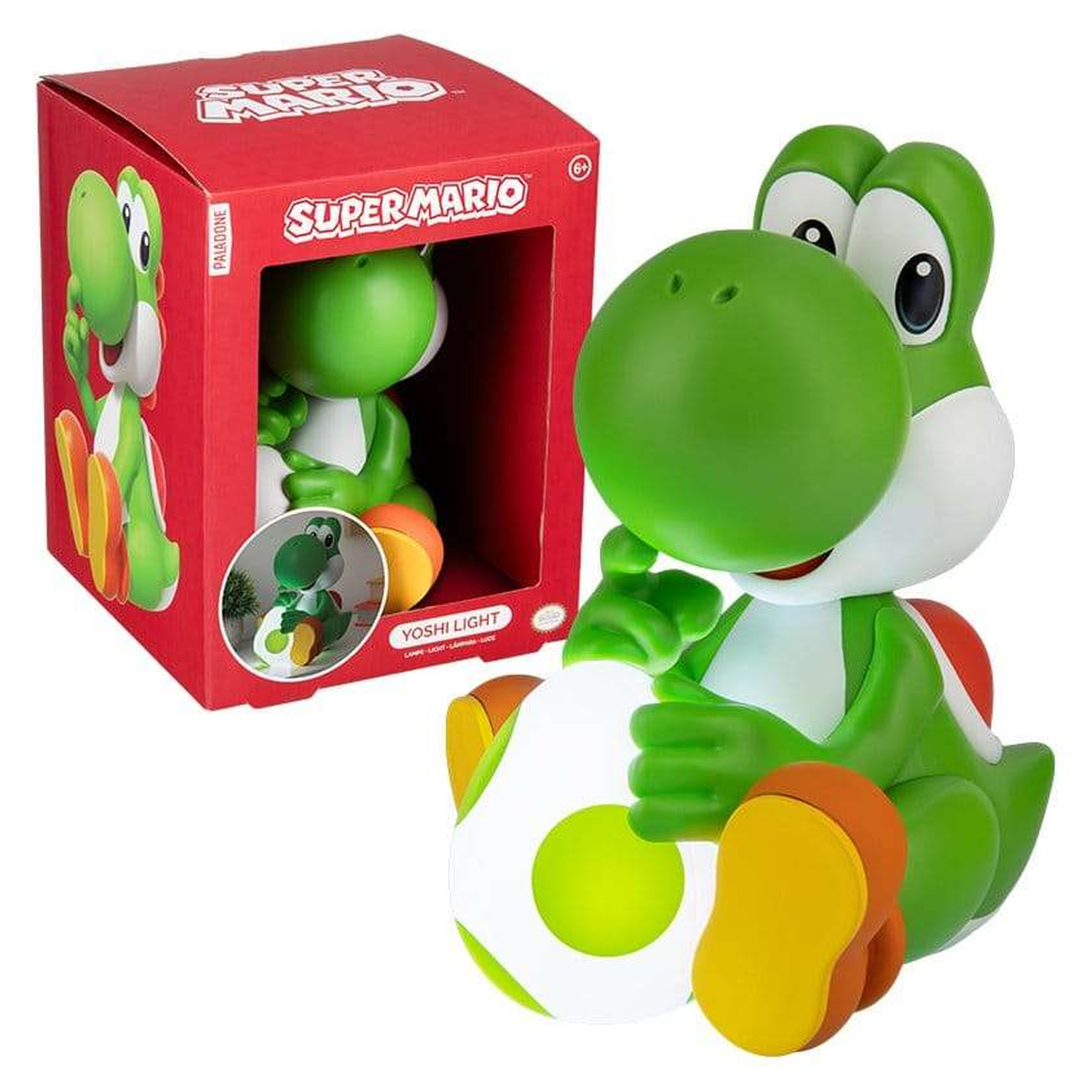 Green Yoshi figure holding an egg, Super Mario packaging beside it.