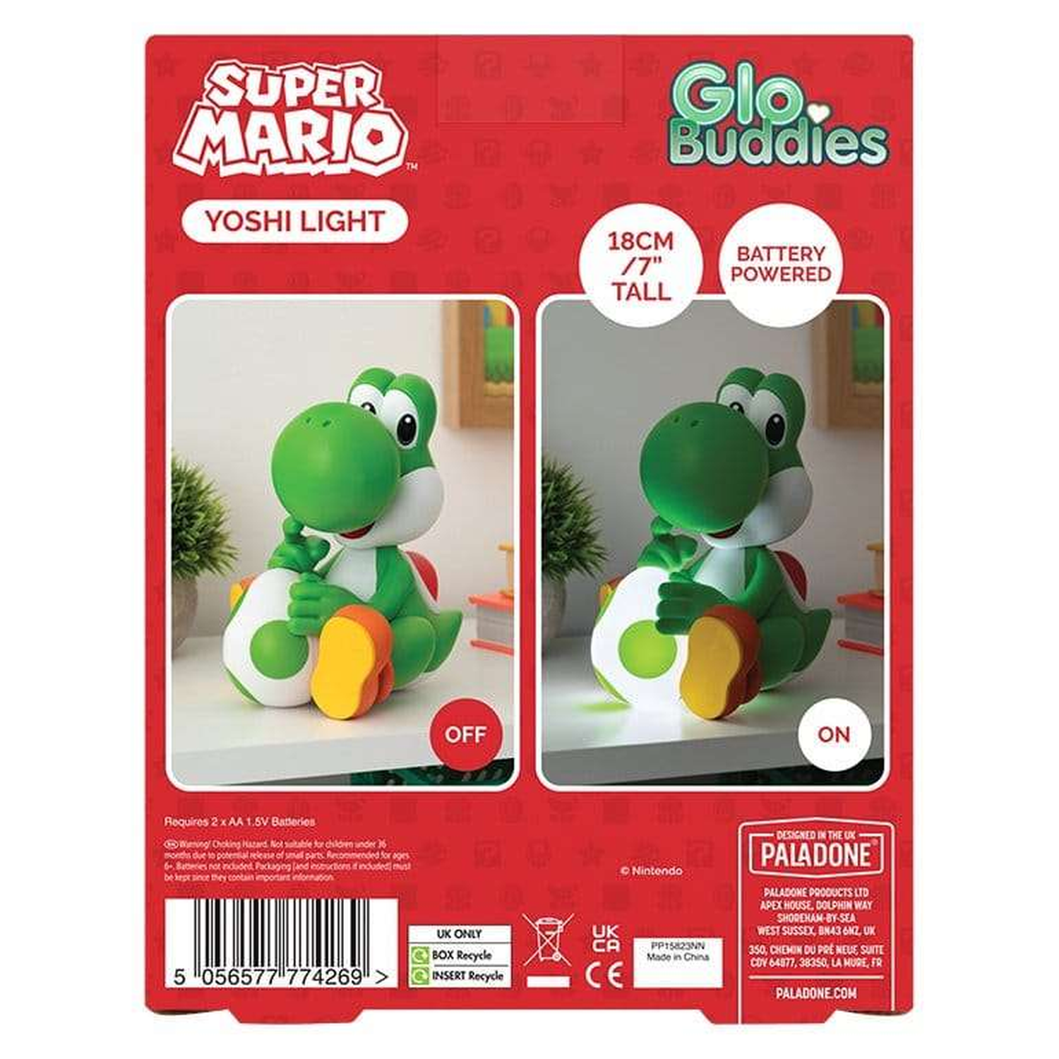 Super Mario Yoshi light on packaging, shown on and off