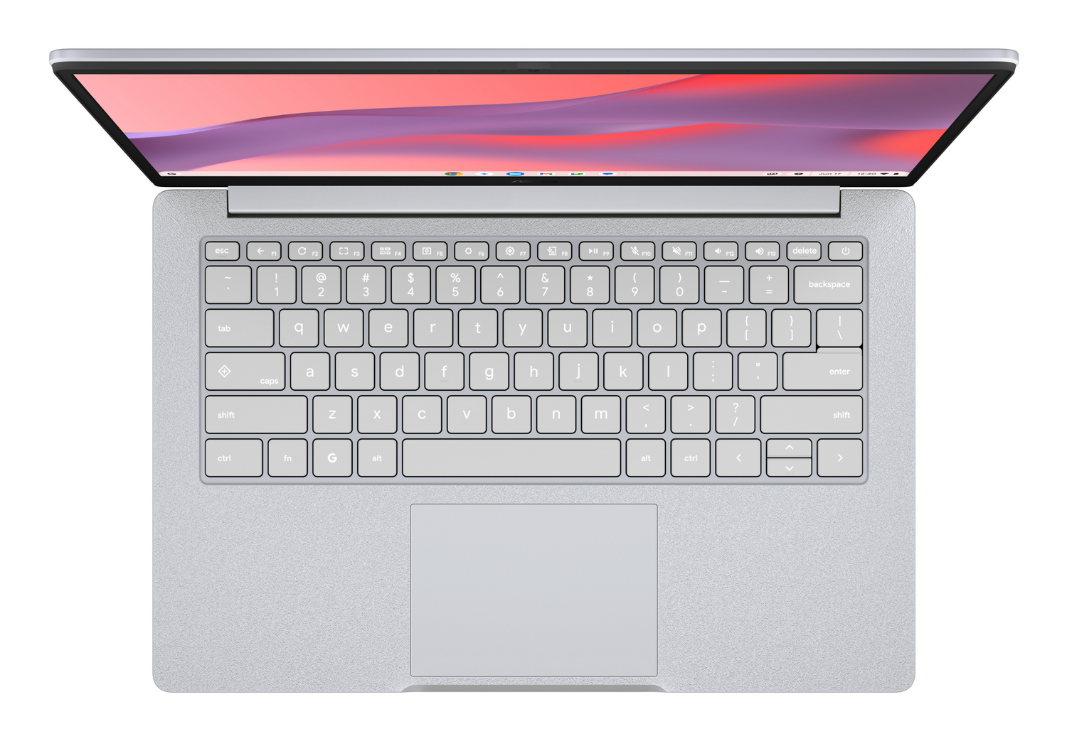 Un portátil plateado abierto con teclado y panel táctil. La pantalla muestra un patrón rosa y púrpura.