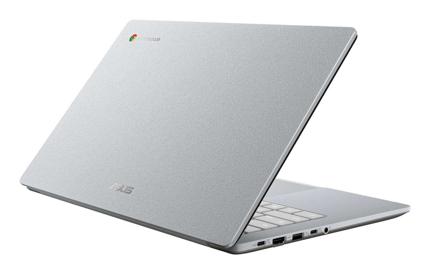 Un portátil Asus Chromebook plateado con logo de Chromebook y puertos.