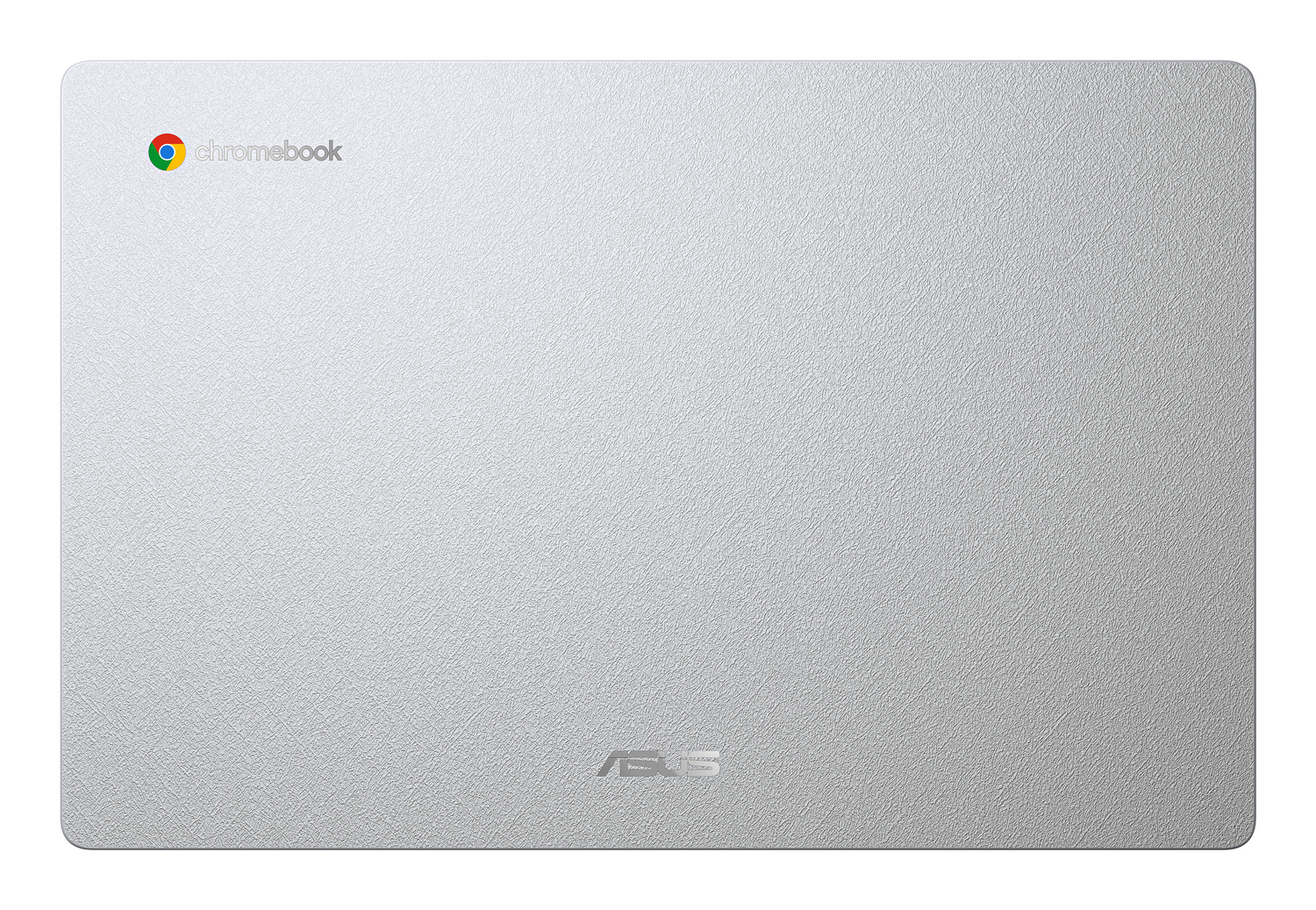 Portátil plateado con logotipos de Chromebook y Asus. Acabado texturizado.
