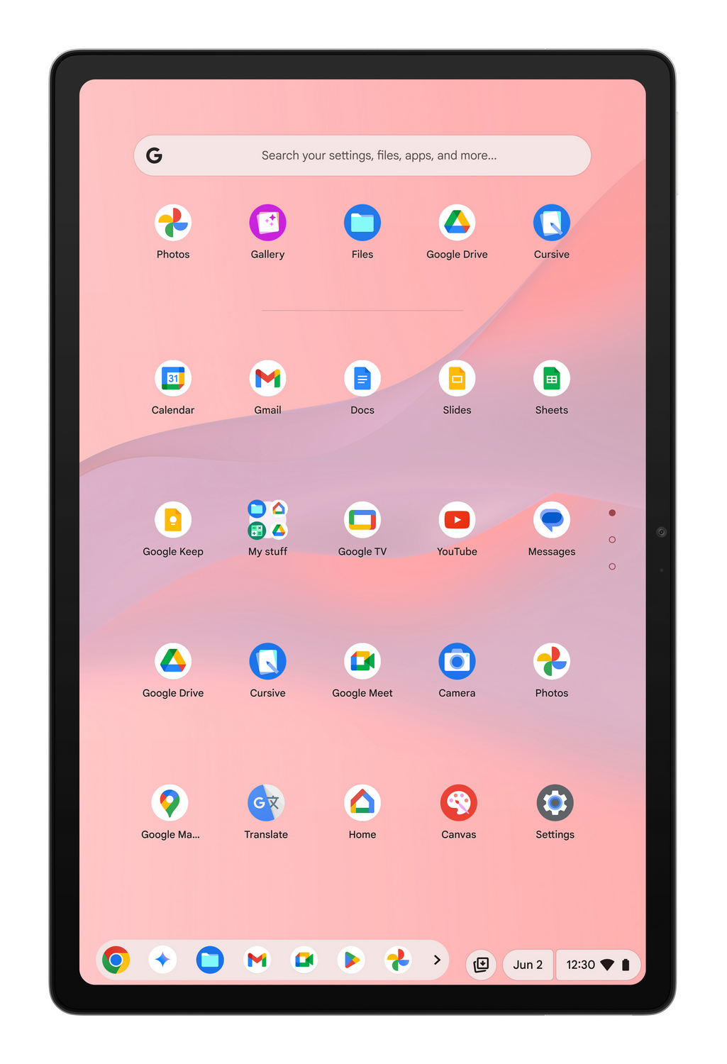 Una tableta con fondo rosa y blanco que muestra iconos de muchas aplicaciones.