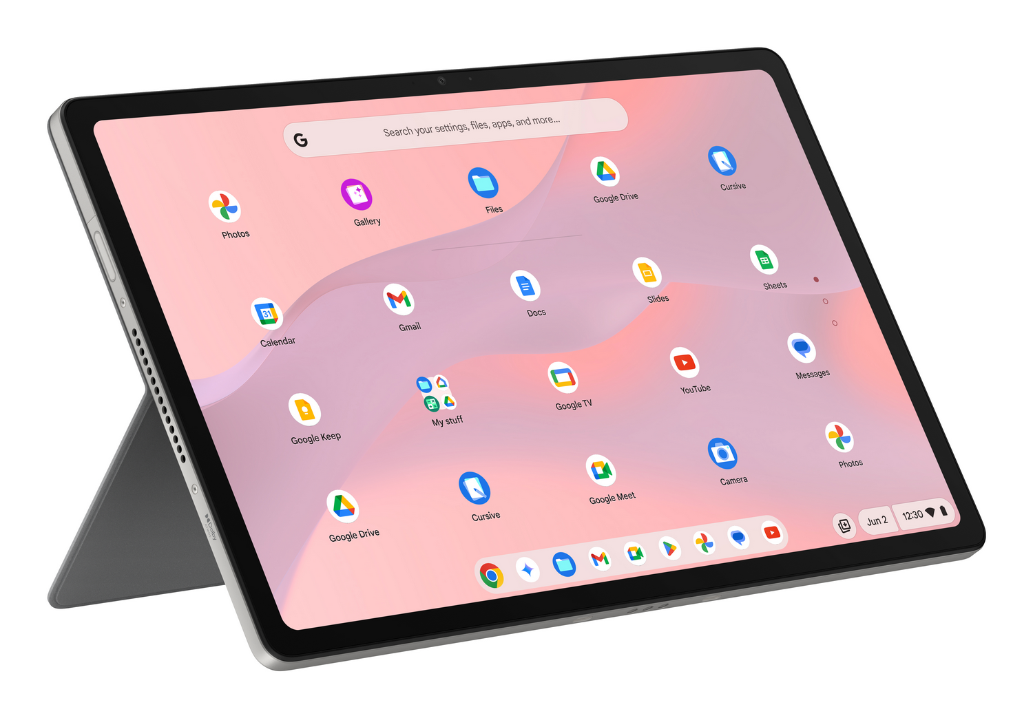 Una tableta gris con fondo rosa y azul claro mostrando iconos de aplicaciones.