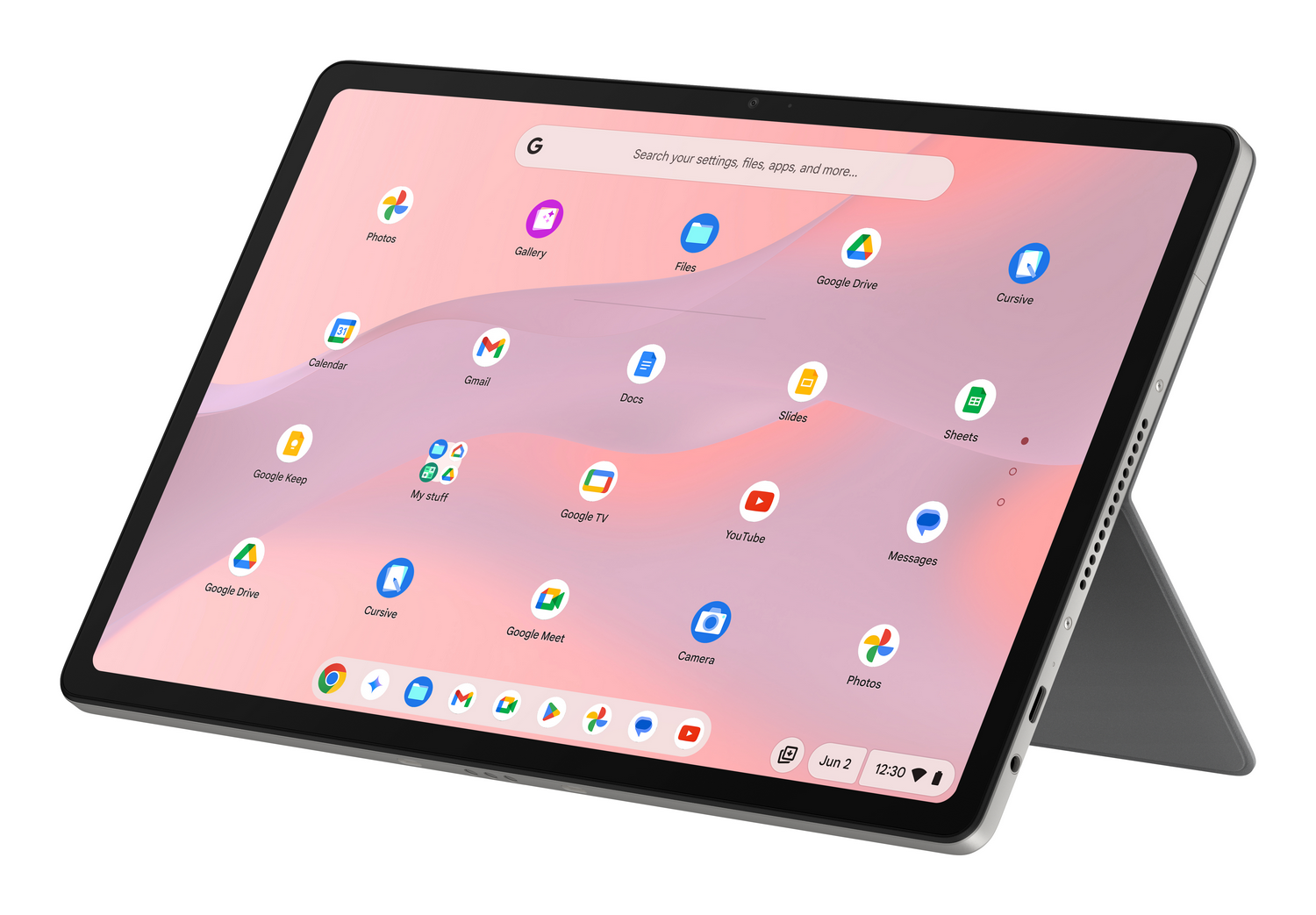 Una tableta con fondo rosa que muestra aplicaciones de Google.