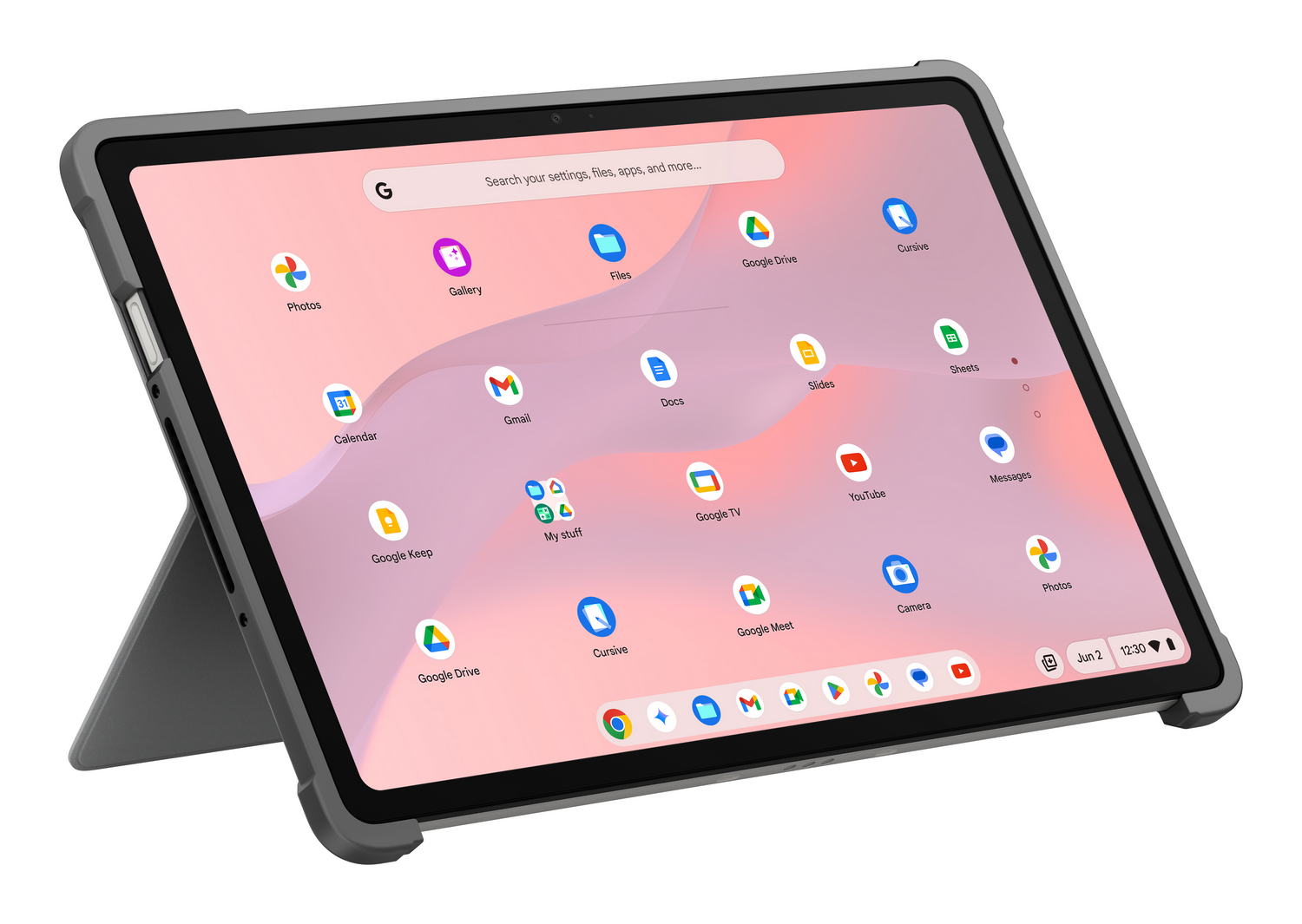 Tableta con funda gris muestra apps como Fotos, Galería, Gmail, Drive y YouTube.