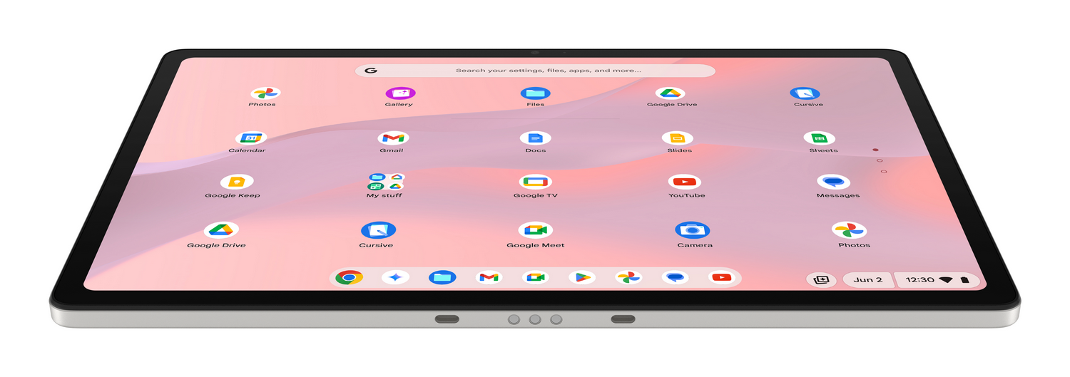 Una tableta mostrando la interfaz de ChromeOS con iconos de aplicaciones y una barra de búsqueda.